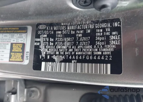 2015 Kia Sorento Lx z USA, uszkodzony, nr VIN 5XYKT4A64FG644422